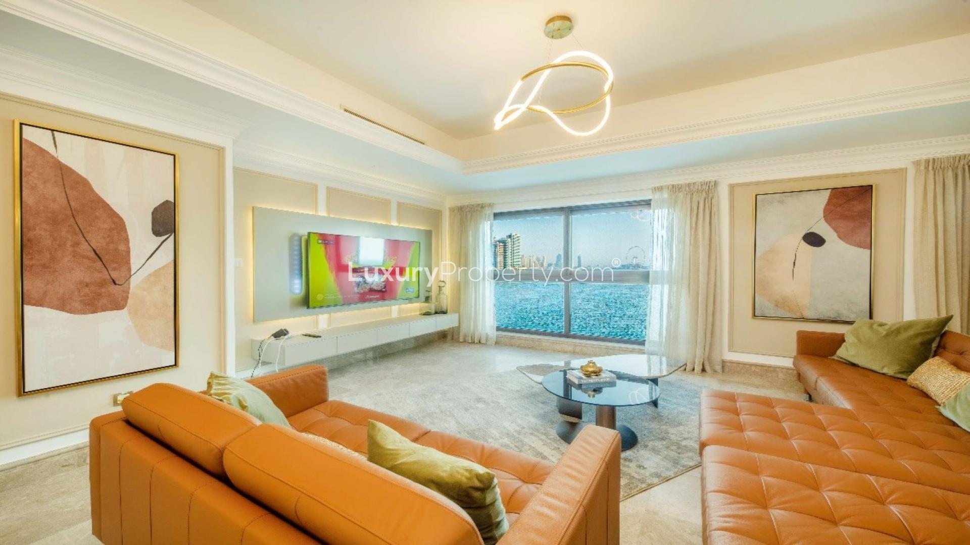Stylish living room in seaview apartment, Fairmont South, Palm Jumeirah, with modern decor