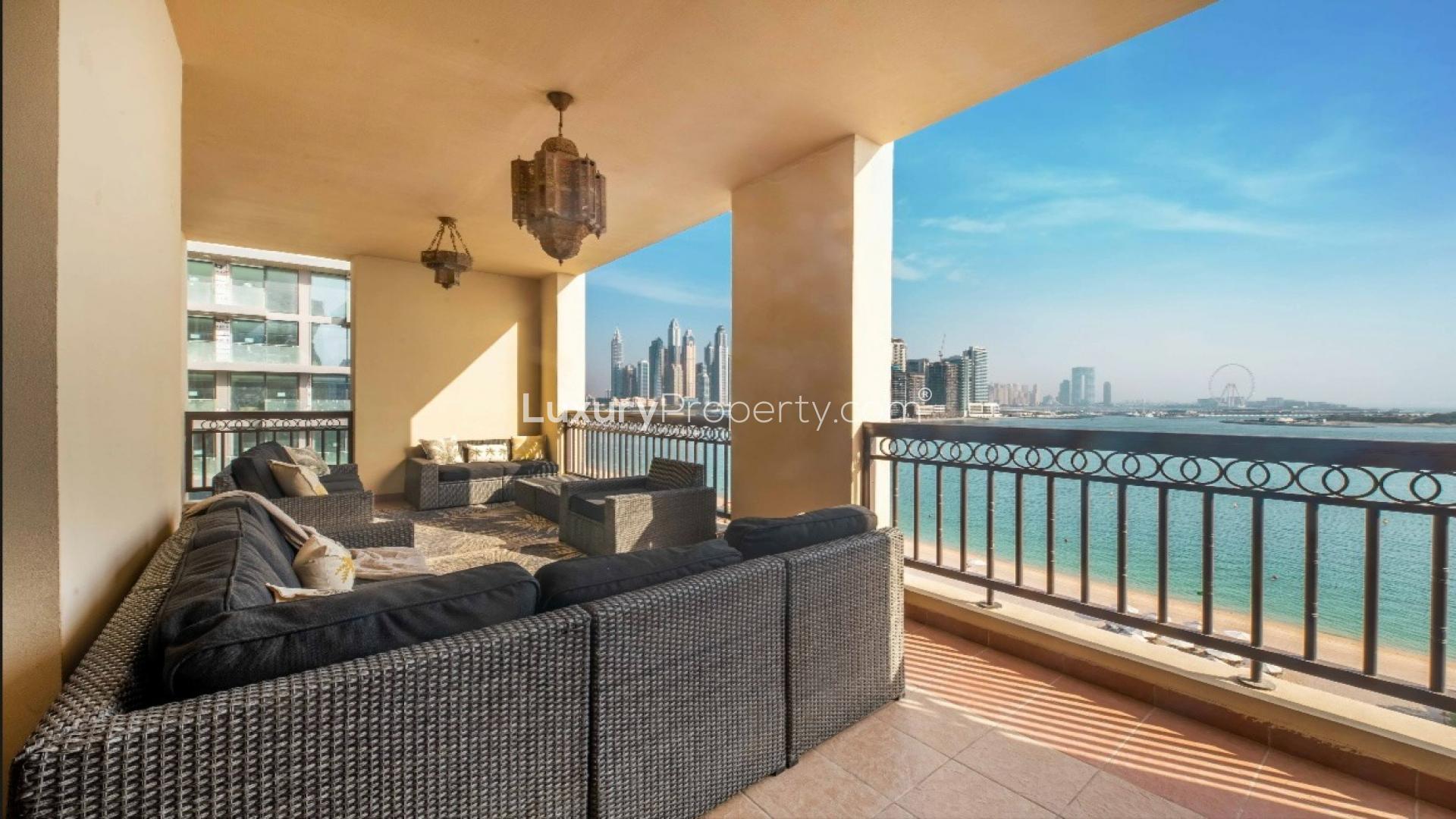 Spacious living room in seaview apartment at Fairmont South, Palm Jumeirah, with modern decor