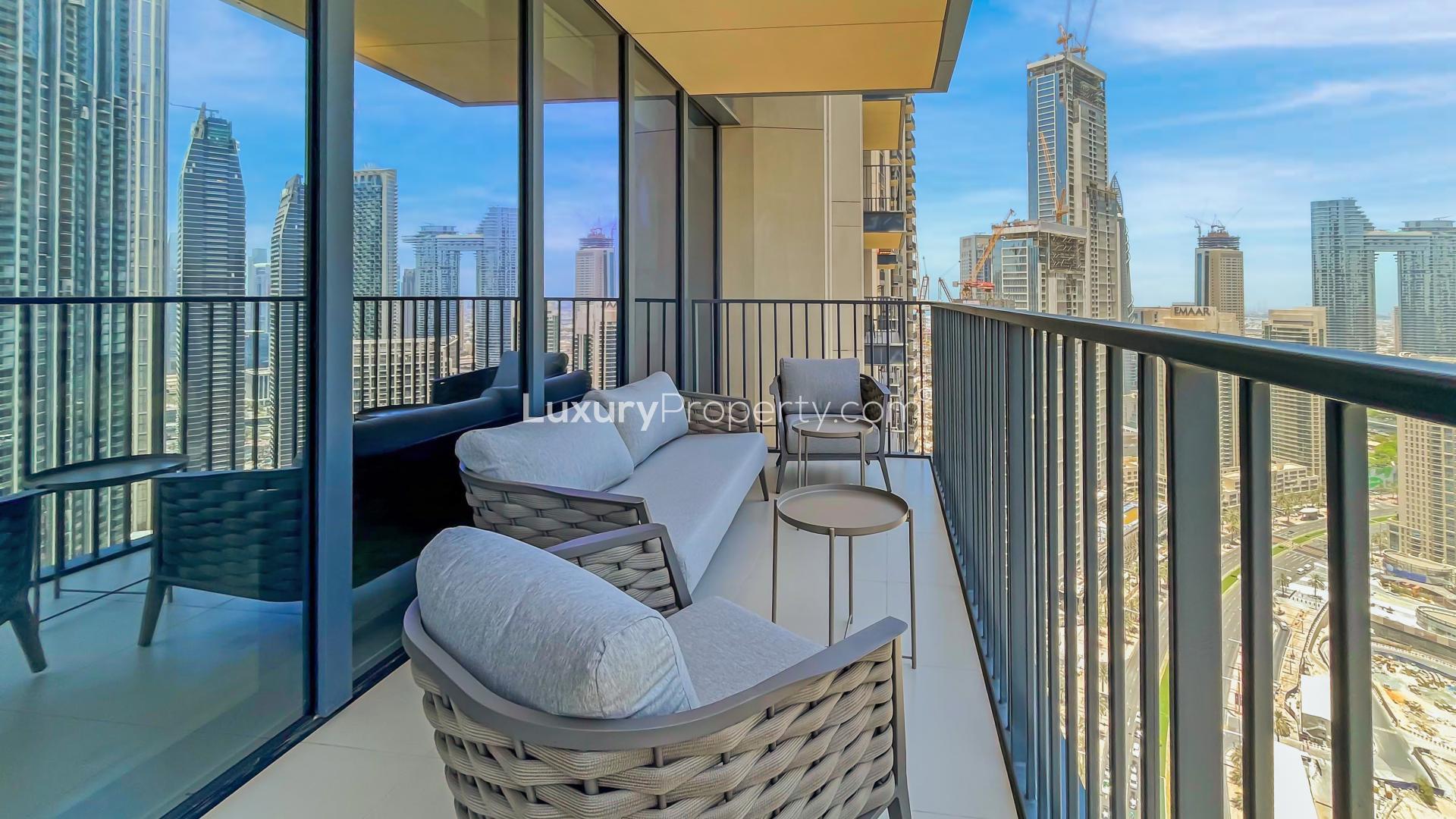 Spacious dining and living area in Downtown Dubai apartment with city views