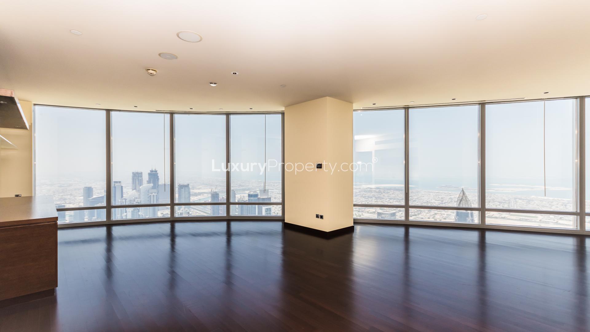 High floor view of Dubai Fountain from Burj Khalifa apartment, Downtown Dubai