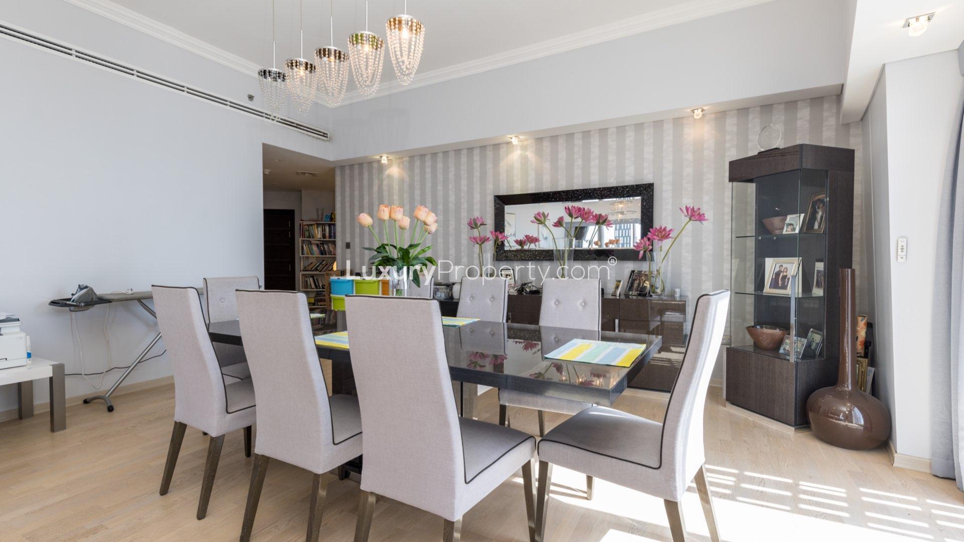 Luxurious living room in upgraded Cayan Tower apartment, Dubai Marina, high floor view