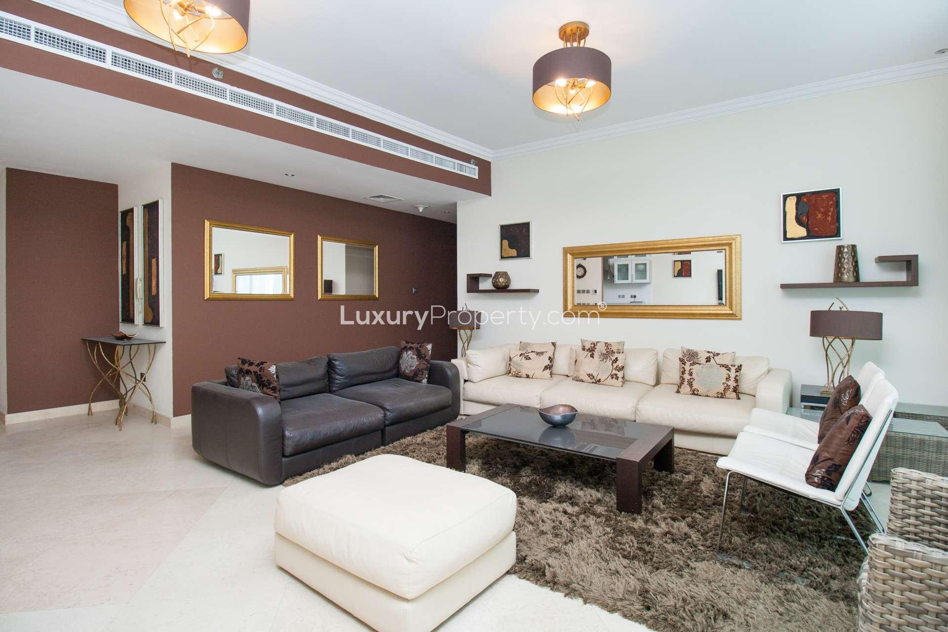 Elegant living room in 4-bedroom apartment, Dorra Bay, Dubai Marina, featuring modern decor