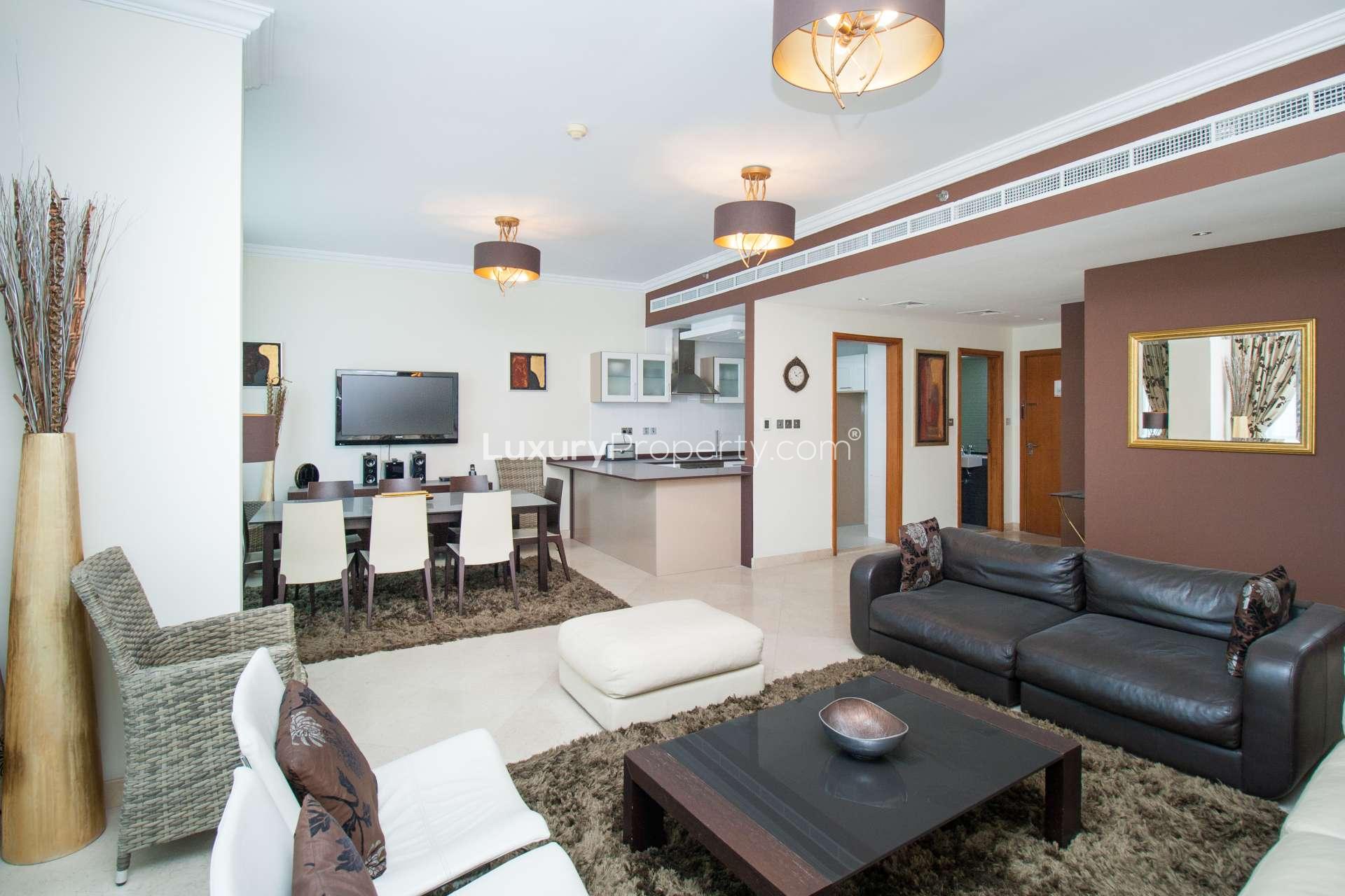 Elegant living room in 4-bedroom apartment, Dorra Bay, Dubai Marina, modern decor, spacious layout