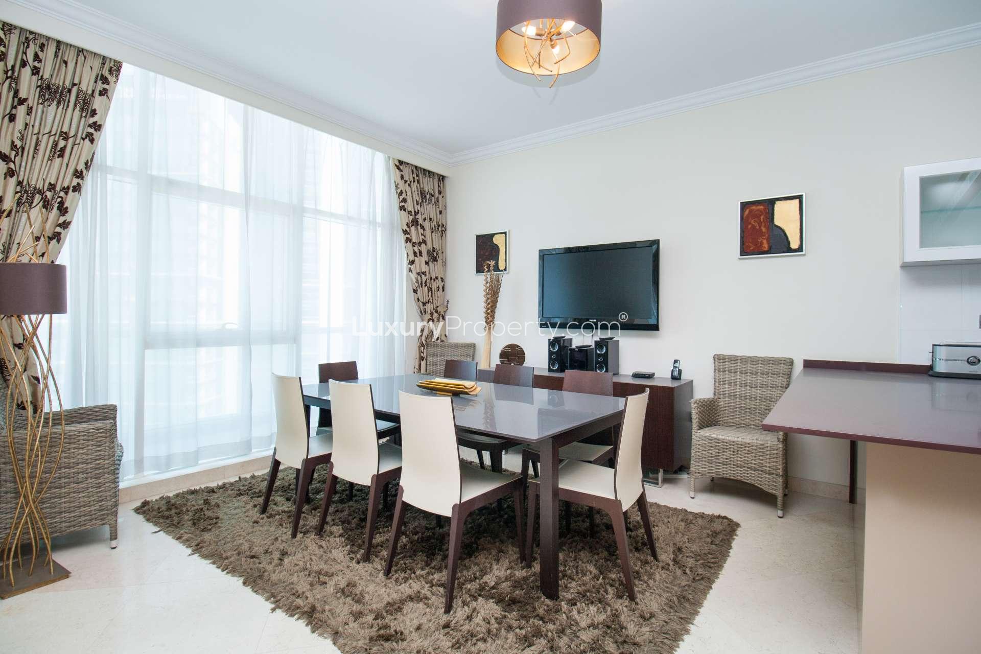 N/A,Elegant dining area in 4-bedroom apartment, Dorra Bay, Dubai Marina for rent