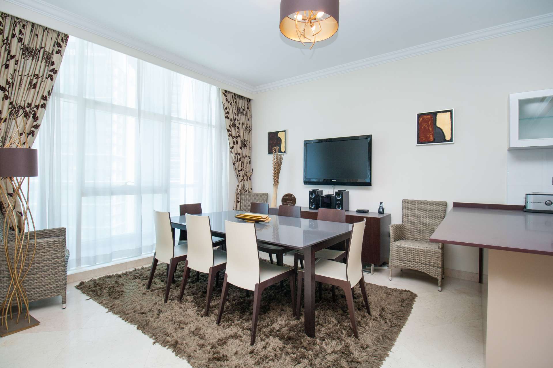 N/A,Elegant dining area in 4-bedroom apartment, Dorra Bay, Dubai Marina for rent