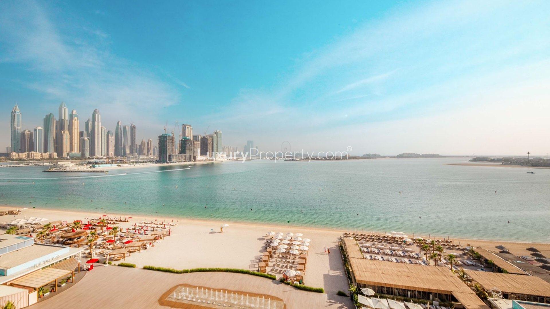 Luxurious living room in Fairmont Palm Residences penthouse, Palm Jumeirah with marina views
