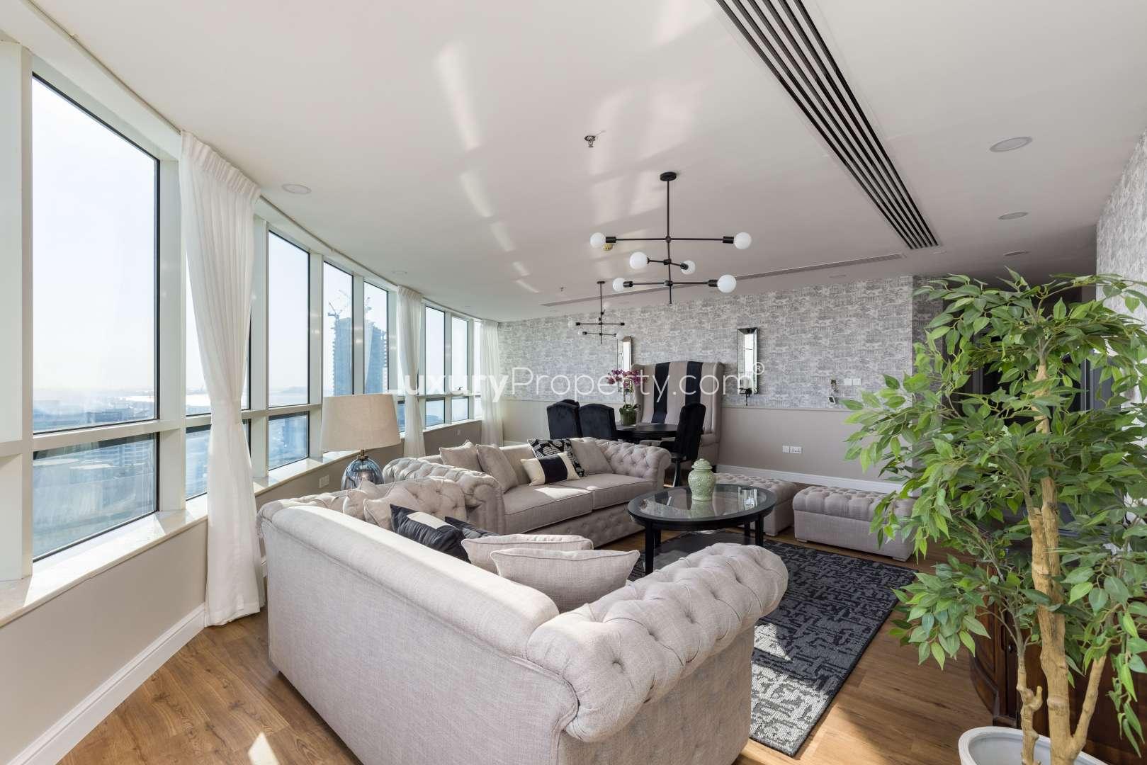 Hallway in upgraded 4-bedroom apartment, Horizon Tower, Dubai Marina, featuring modern bathrooms