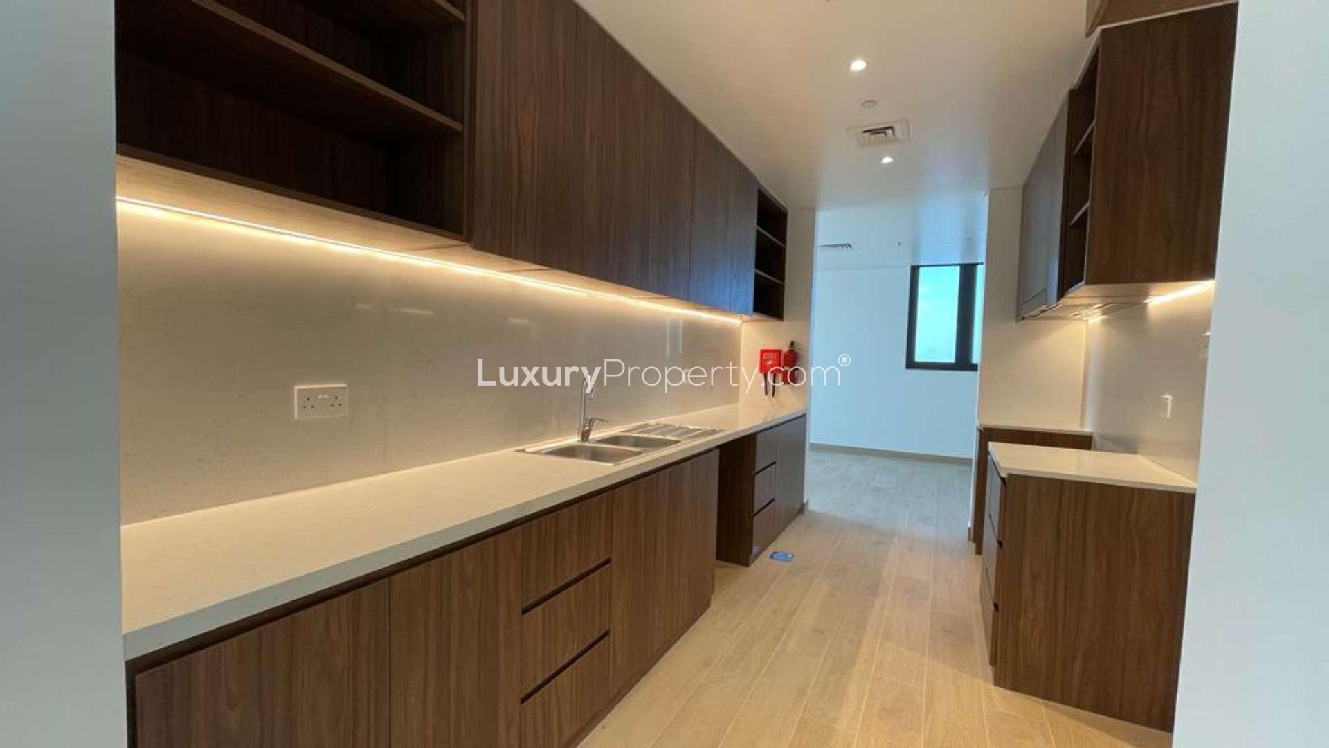 Skyline view from 4-bed apartment terrace in La Mer, Jumeirah, for rent