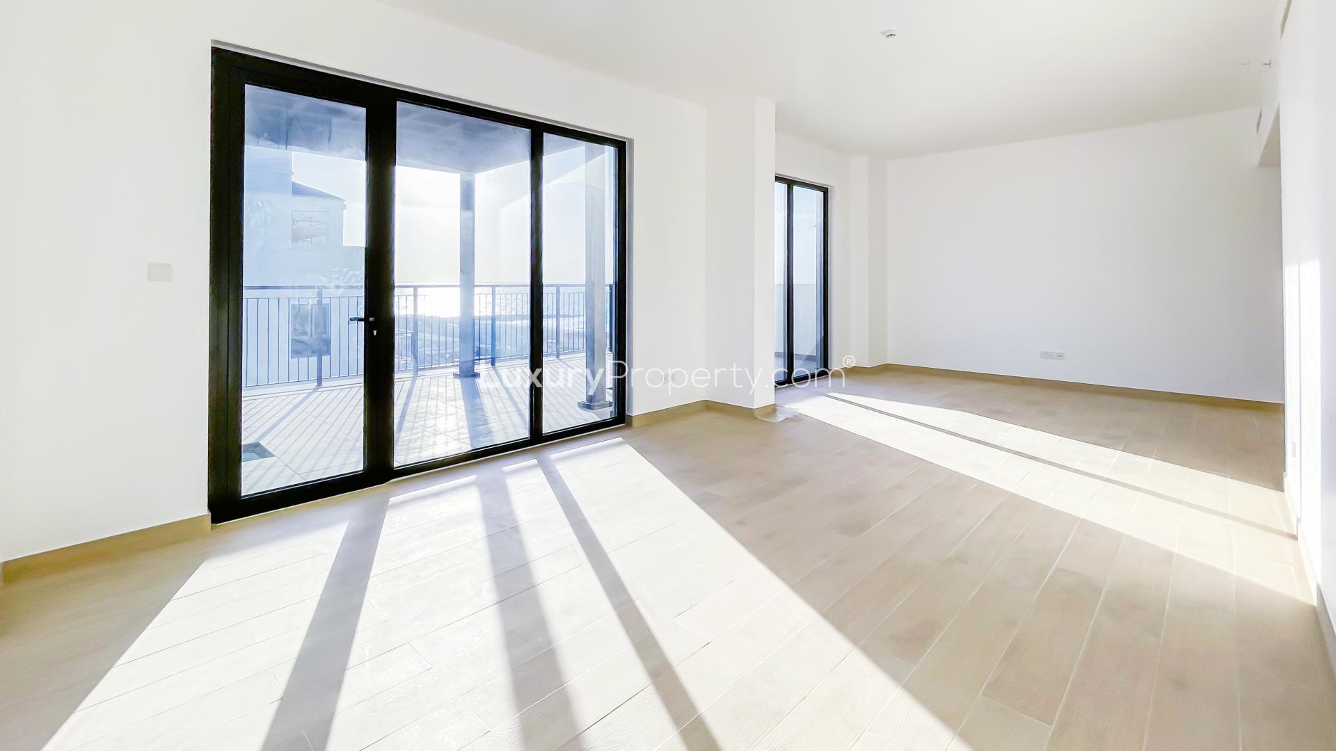 Skyline view from apartment terrace at La Mer, Jumeirah, near waterfront pool