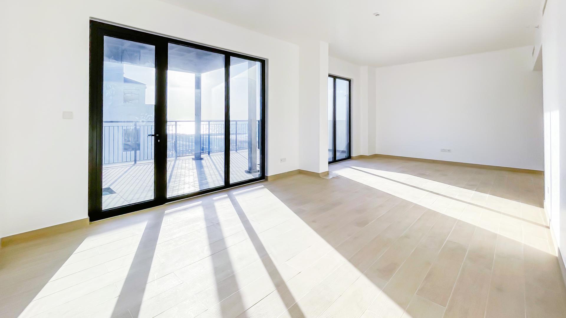 Skyline view from apartment terrace at La Mer, Jumeirah, near waterfront pool