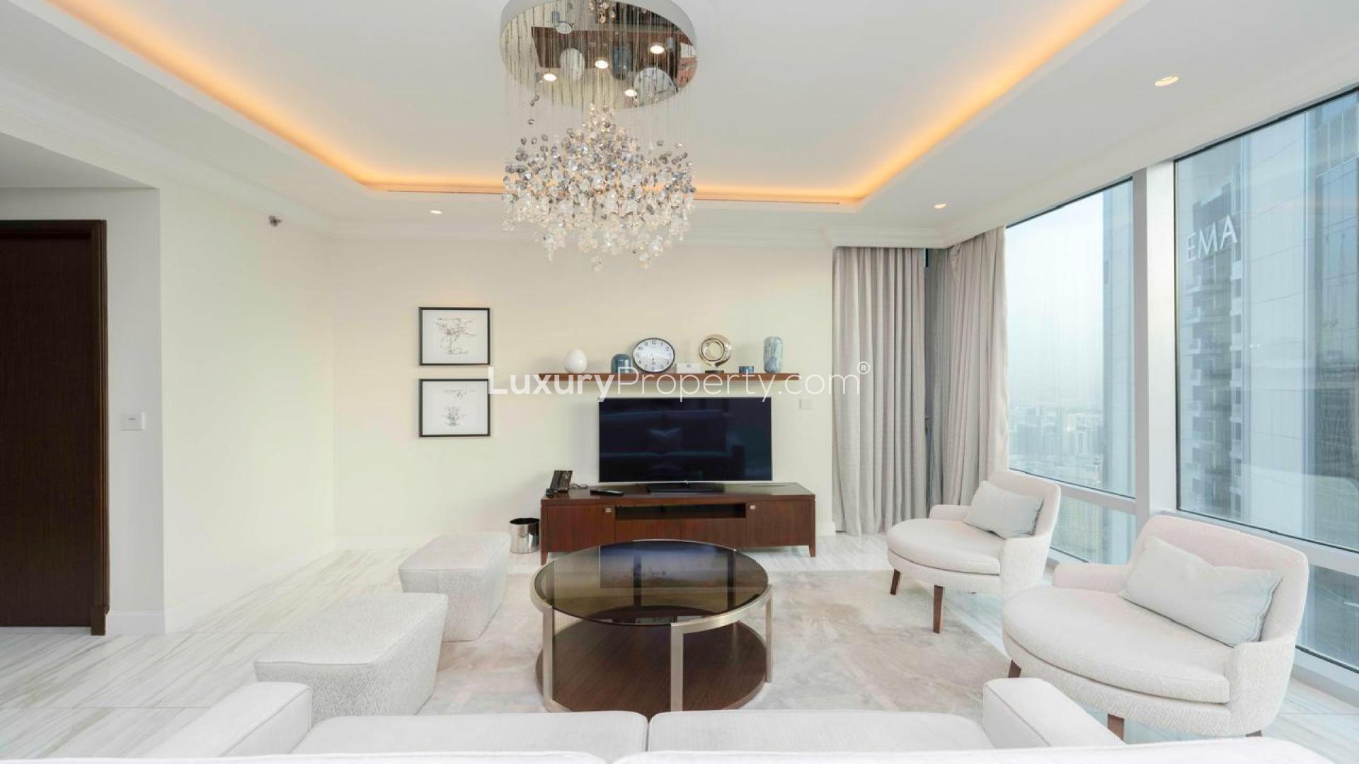 Balcony view of Burj Khalifa from luxury apartment in The Address Fountain Views, Downtown Dubai