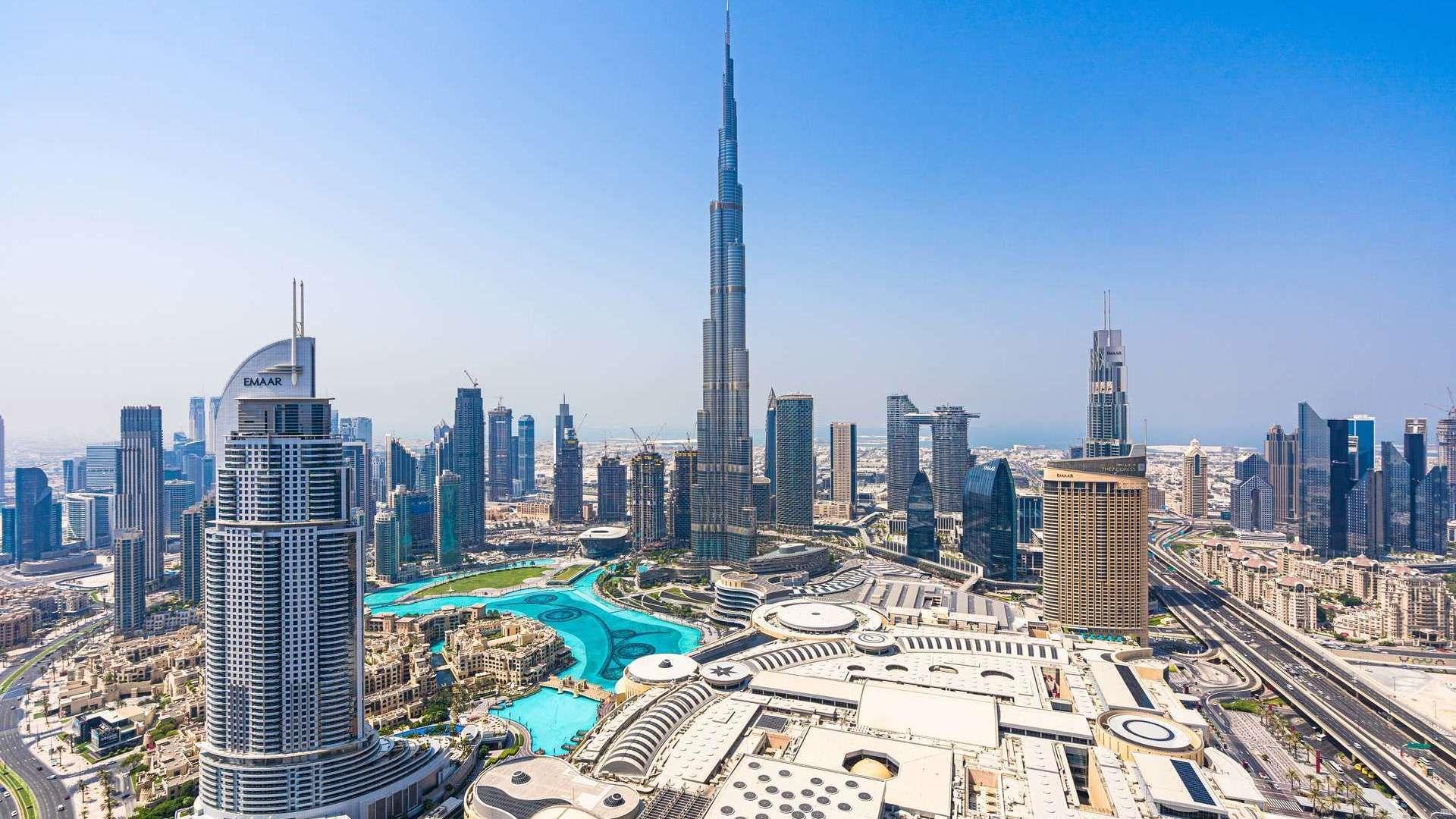 Furnished living room in serviced apartment, fountain views, Downtown Dubai, marble floor, elegant decor