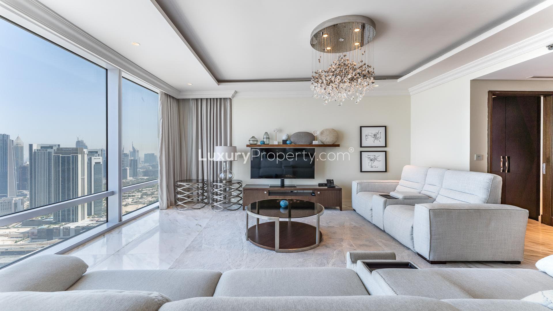 Balcony view of Burj Khalifa and Dubai Fountain from luxury duplex in Downtown Dubai