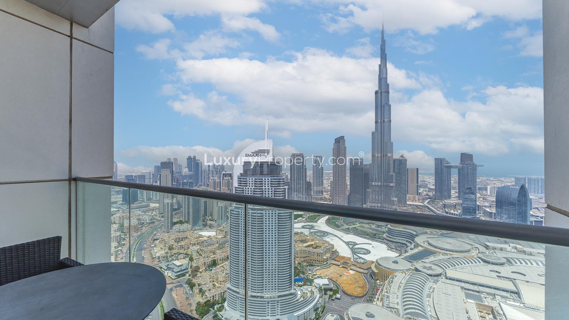 Luxurious living room with Burj Khalifa view in Downtown Dubai apartment for rent