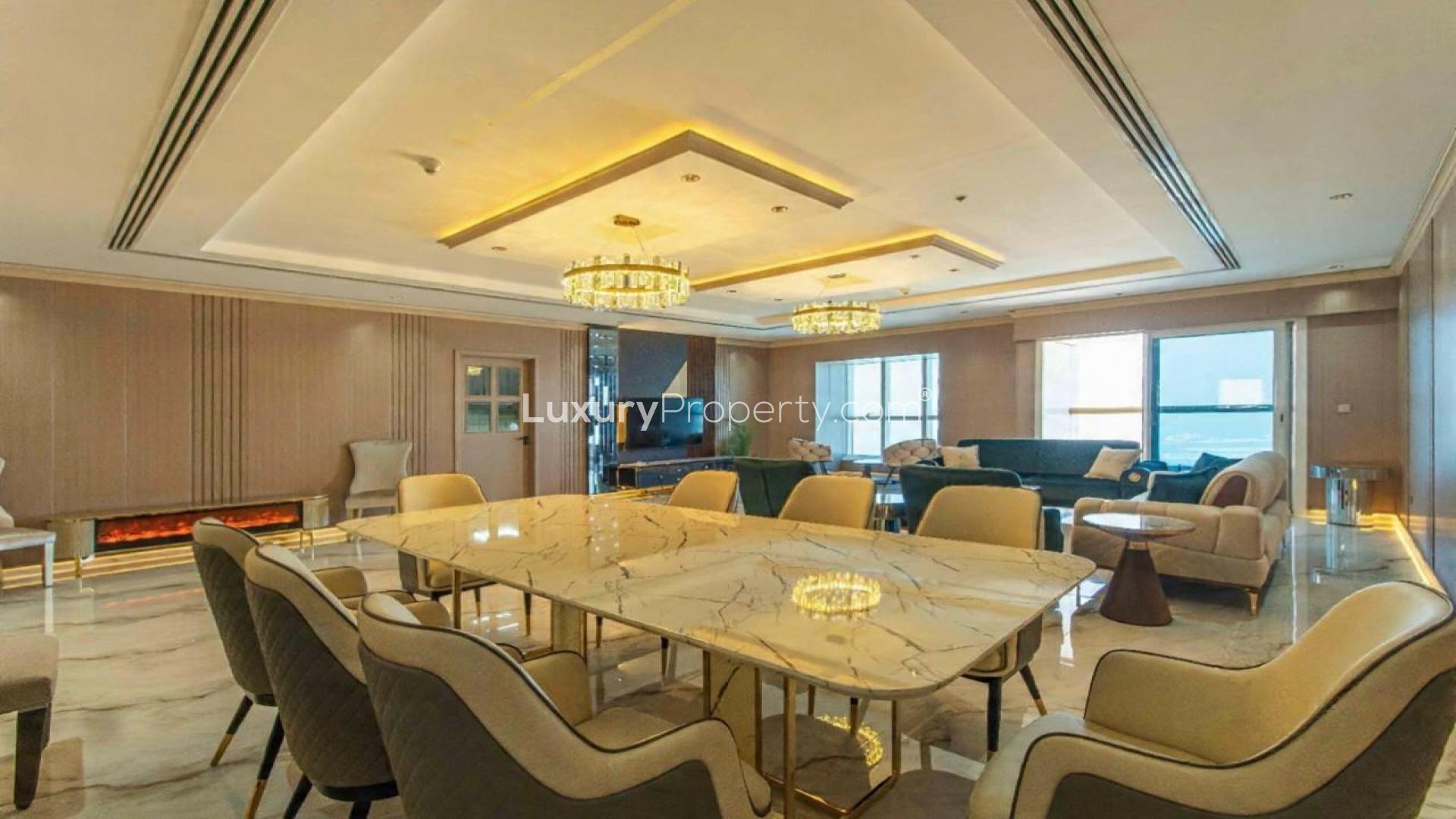 Luxurious living room in Elite Residence, Dubai Marina apartment for rent, featuring elegant furnishings