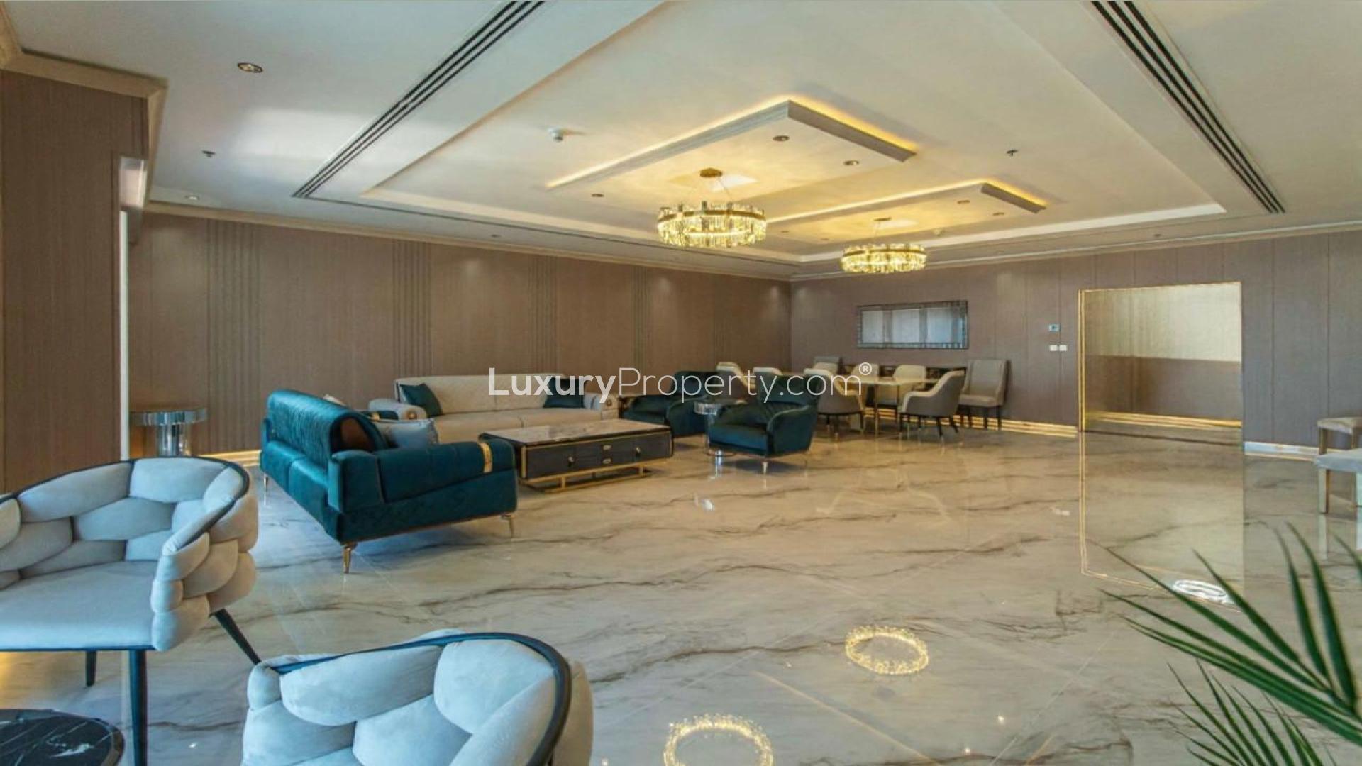 Luxurious living room in Elite Residence apartment, Dubai Marina, featuring elegant furnishings