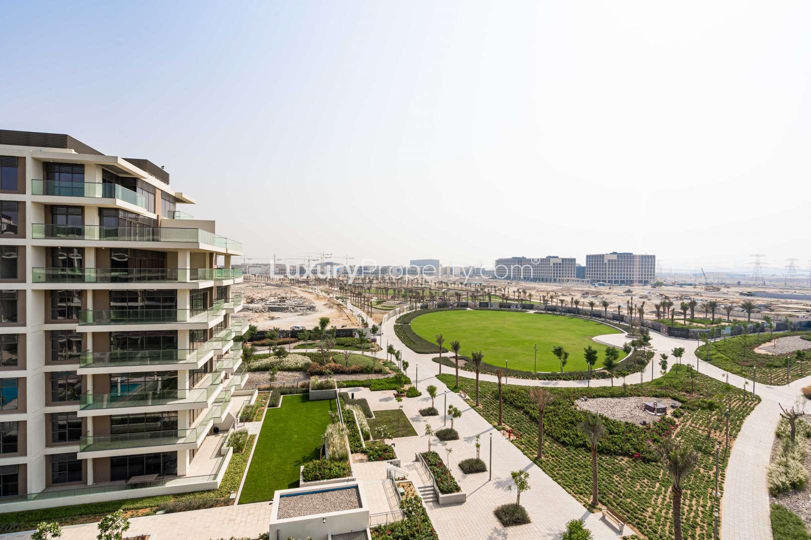Outdoor pool area at Park Heights, Dubai Hills Estate apartment for rent