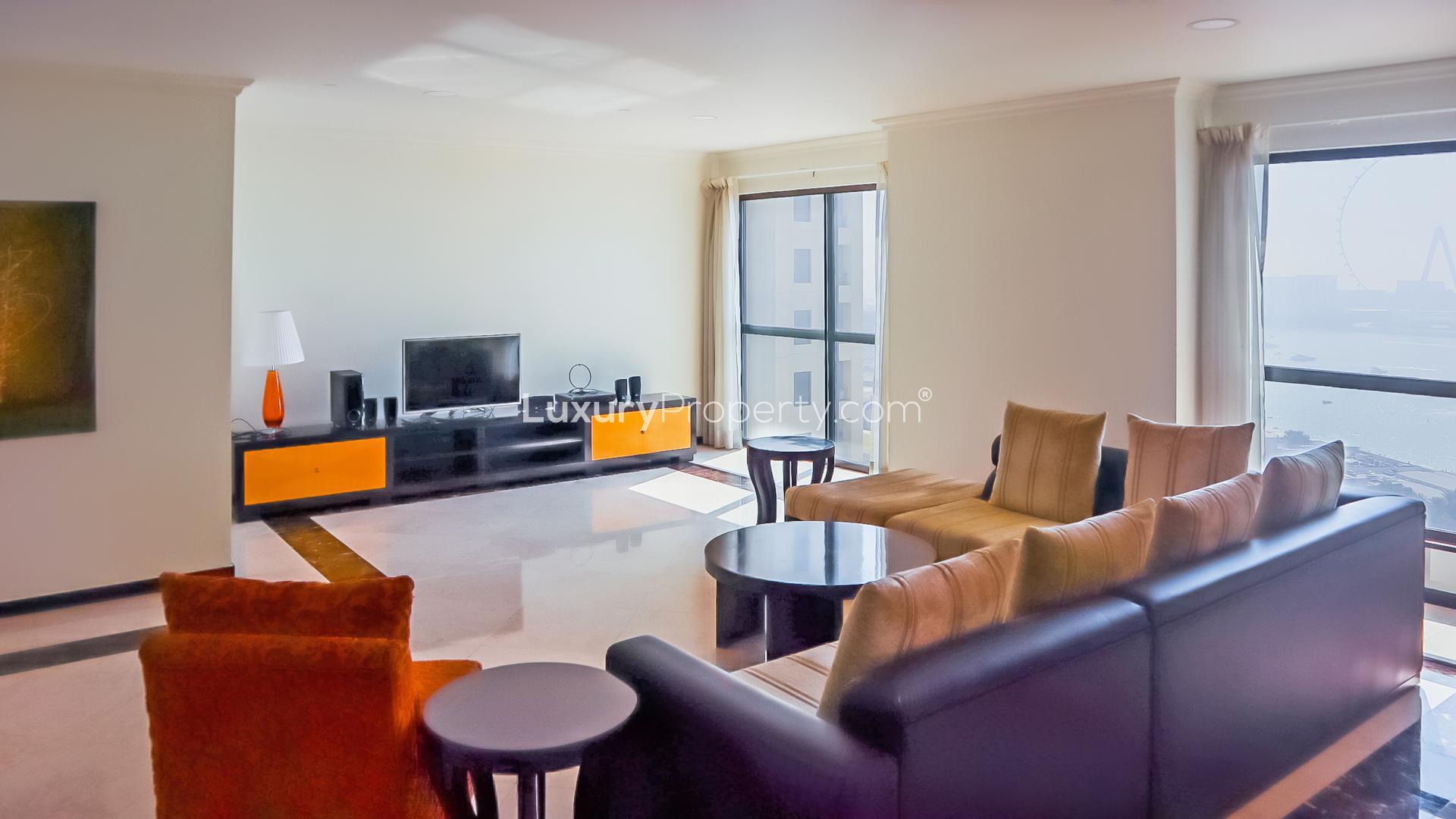 Fully furnished living room in beachfront apartment, Jumeirah Beach Residence, Murjan, for rent