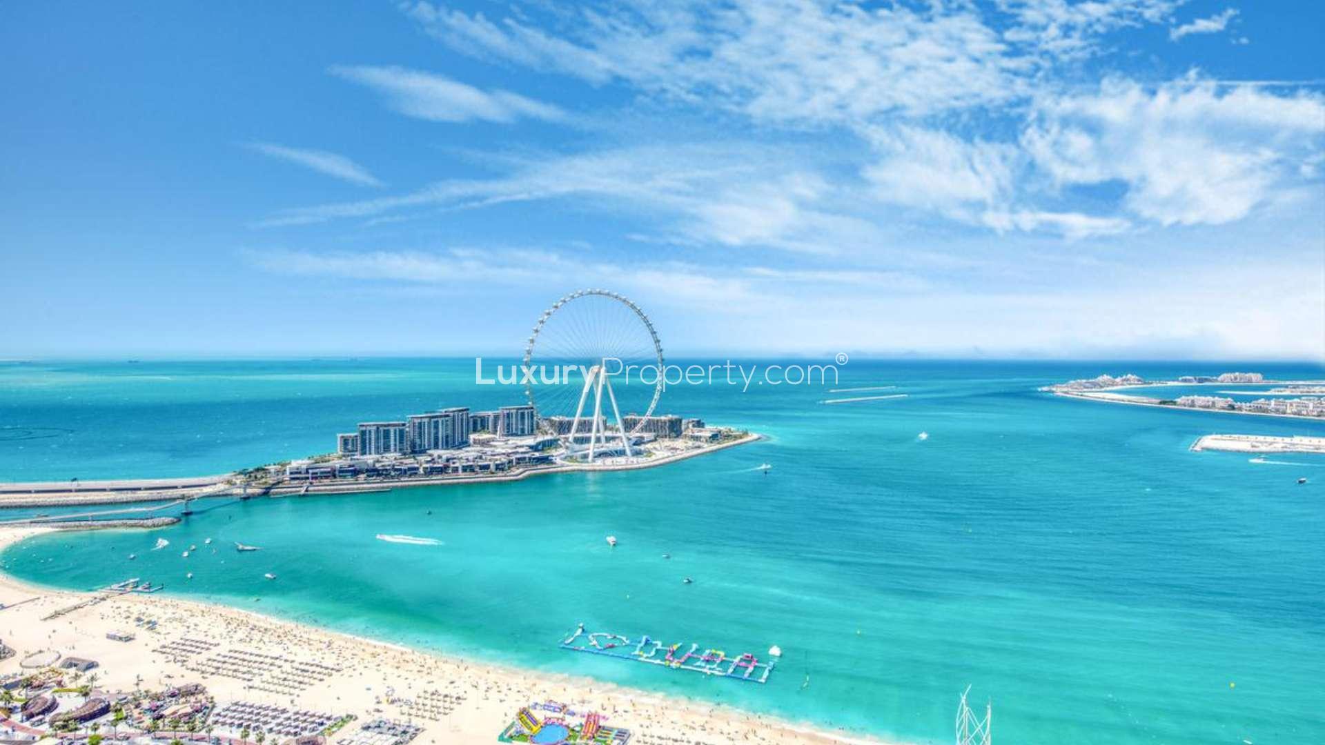 Luxurious penthouse living room with sea views, modern furniture, and large windows in Jumeirah Beach Residence