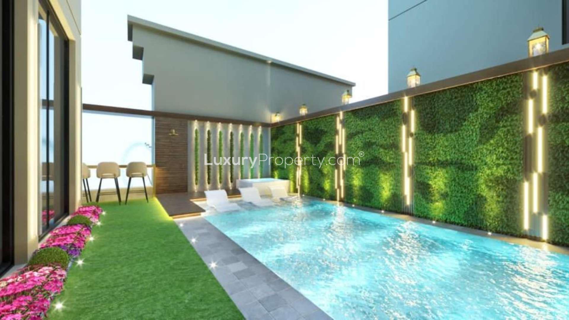 Luxurious bar area in upgraded Jumeirah Beach Residence penthouse, Shams community