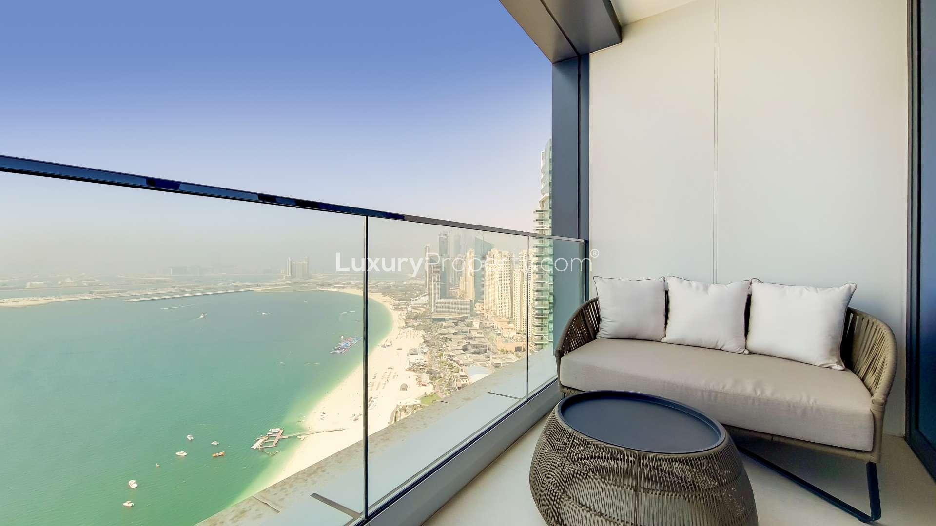 Luxurious furnished living room in high-floor Jumeirah Beach Residence apartment for rent