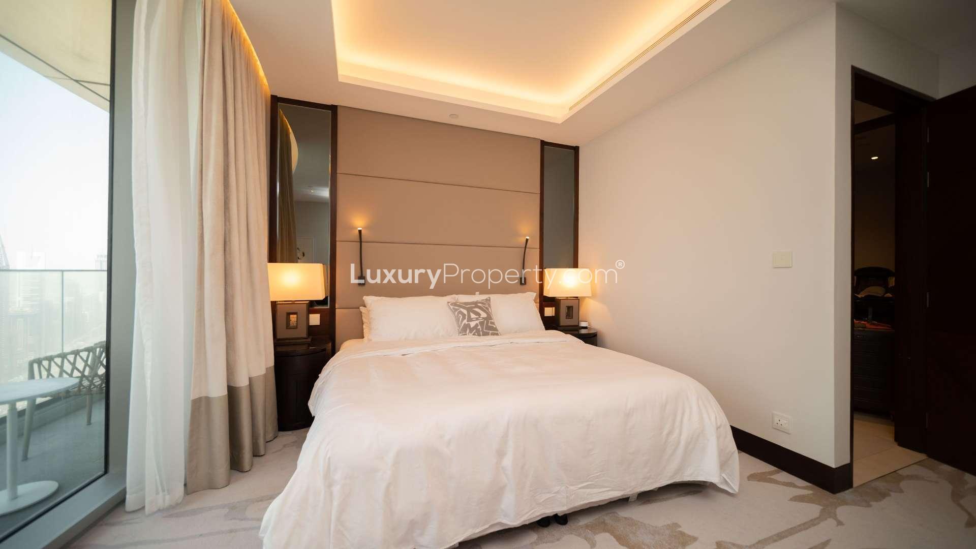 High-floor furnished bedroom with balcony view at The Address Sky View Towers, Downtown Dubai