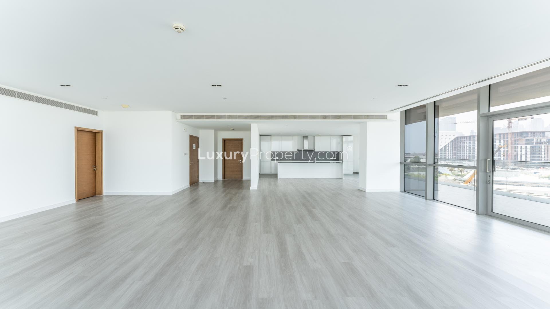 Spacious balcony view of City Walk skyline, modern apartment in Building 25 for rent