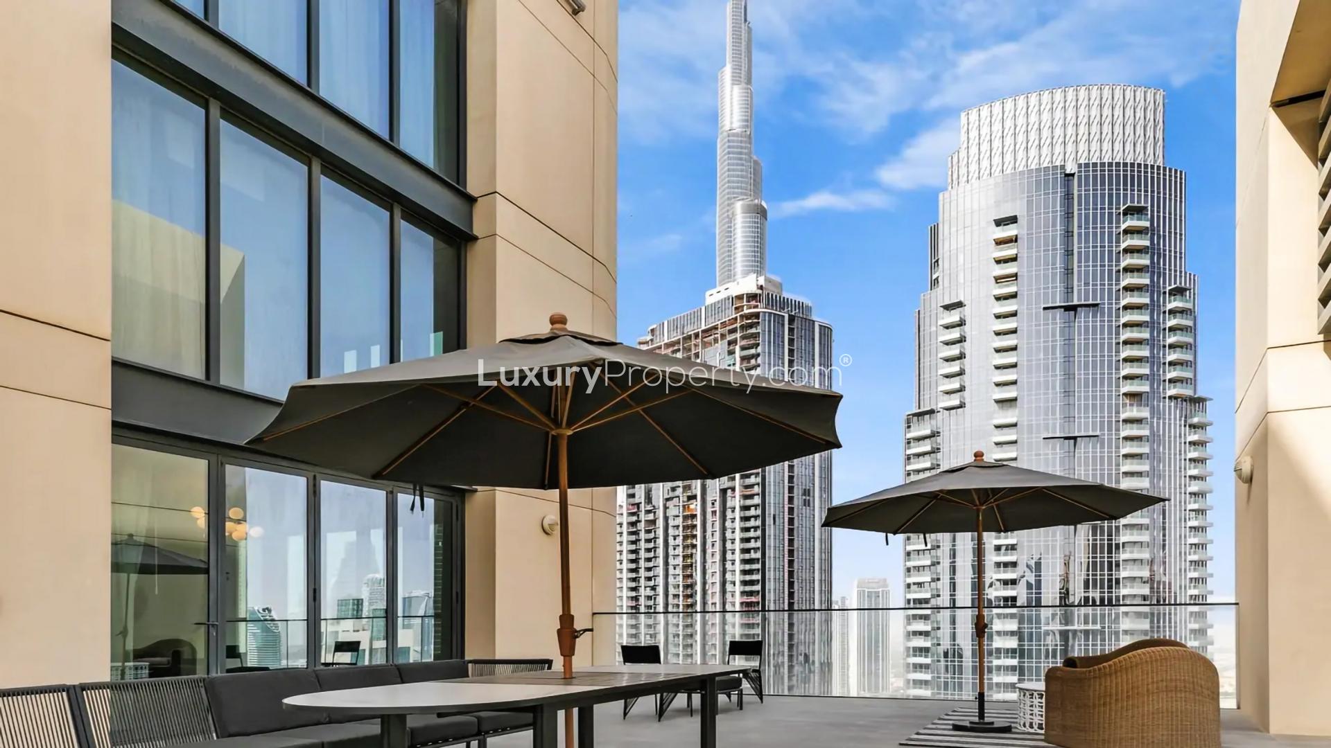 Luxury apartment living room in Downtown Dubai with Burj Khalifa view, modern furnishings