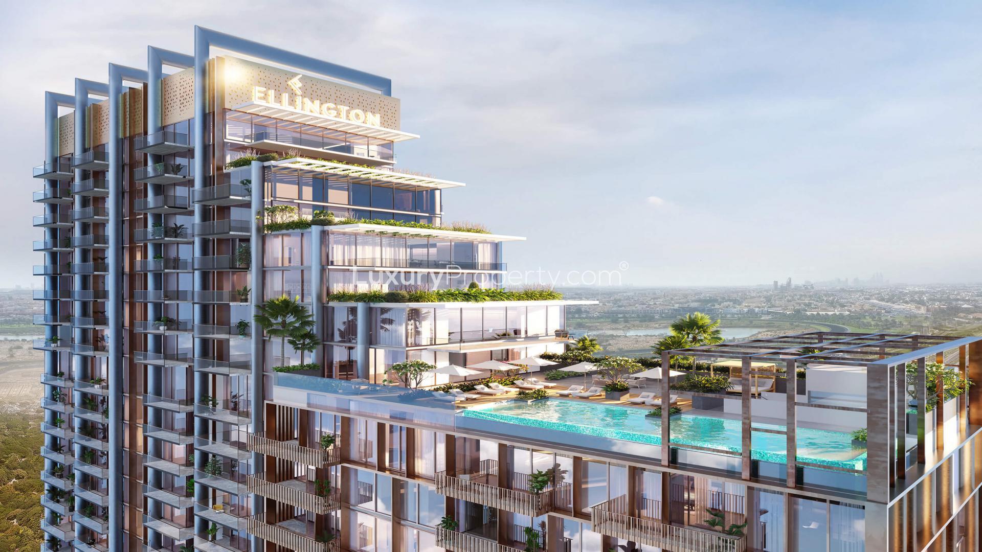 Luxurious penthouse living room with modern decor, large windows, and city views in The Highbury