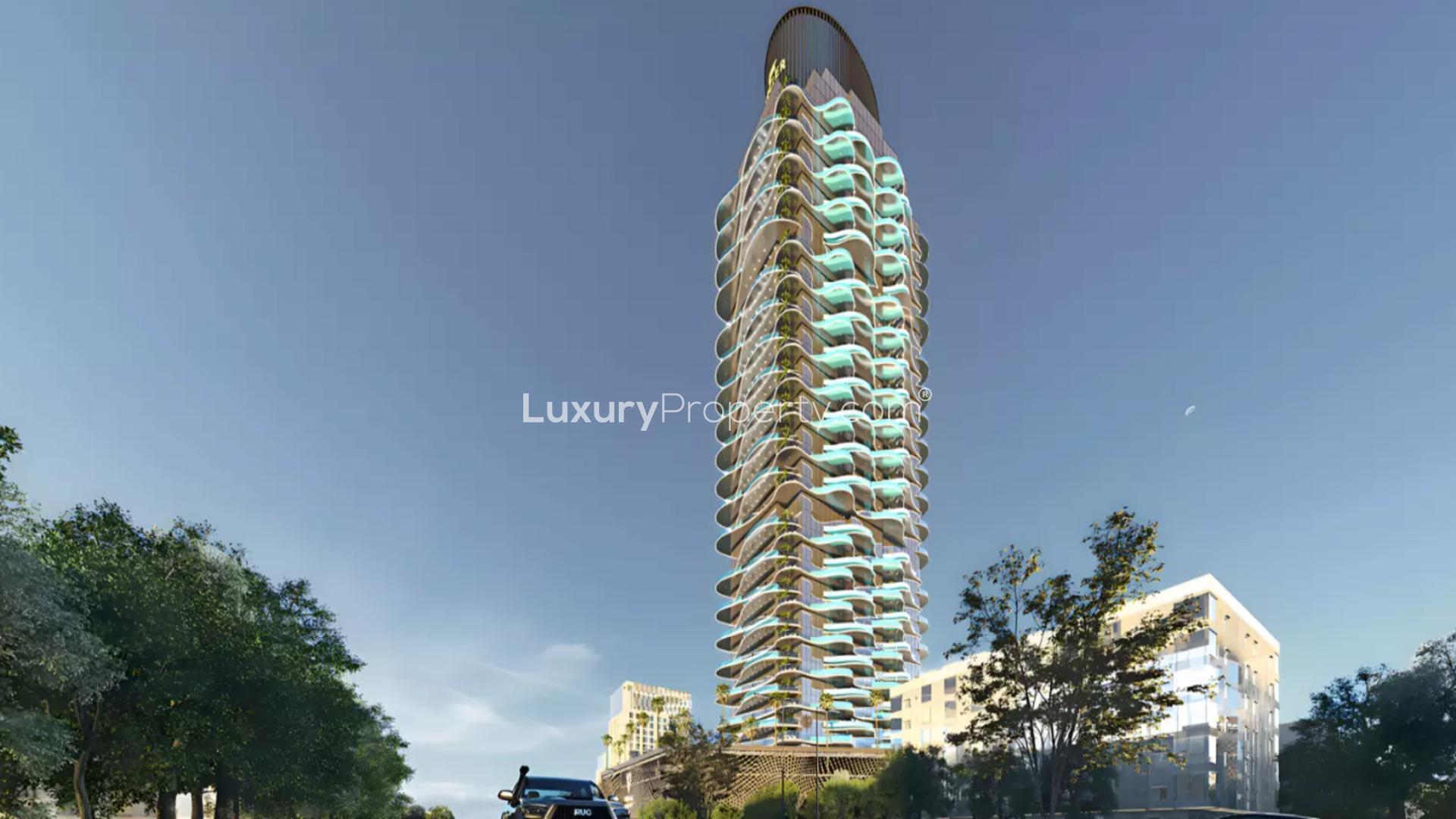 Luxurious lobby interior of Volga Tower apartment, Jumeirah Village Triangle, for sale