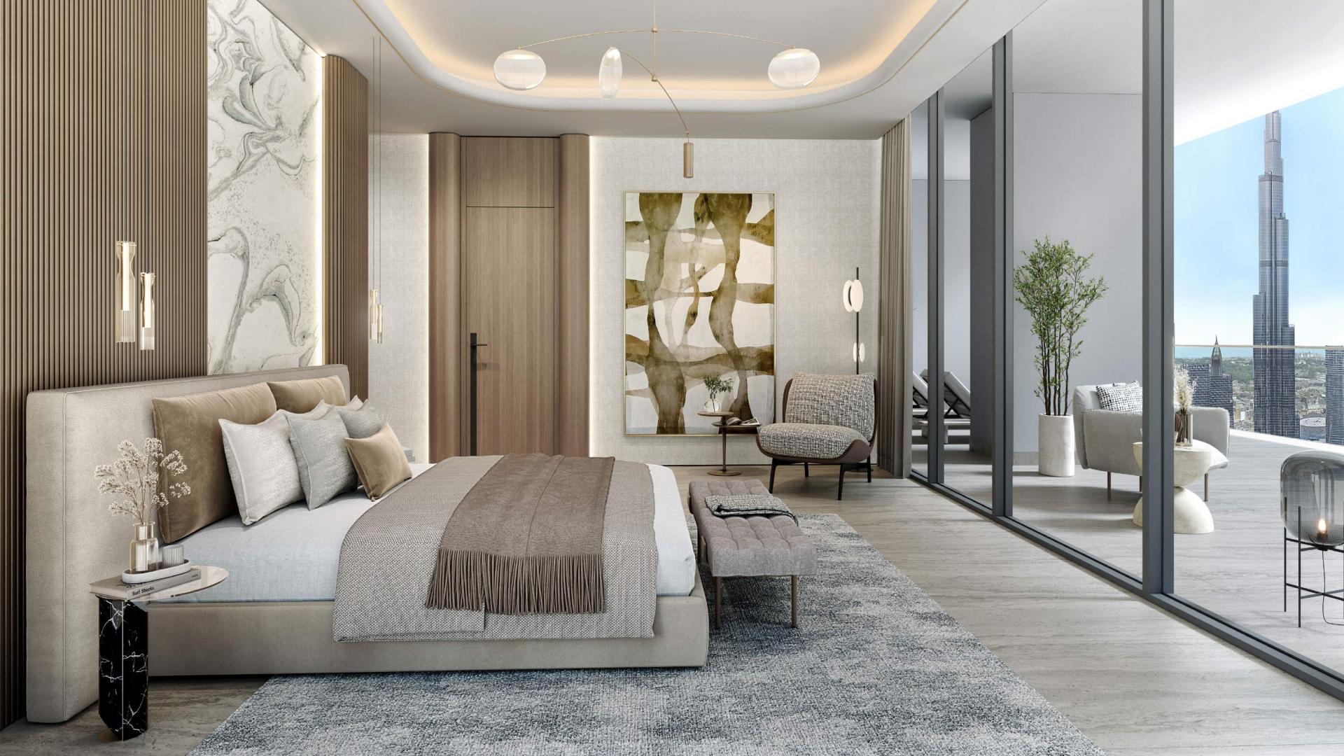 Luxurious bedroom with city view in Downtown Dubai apartment, Rixos Financial Center Road