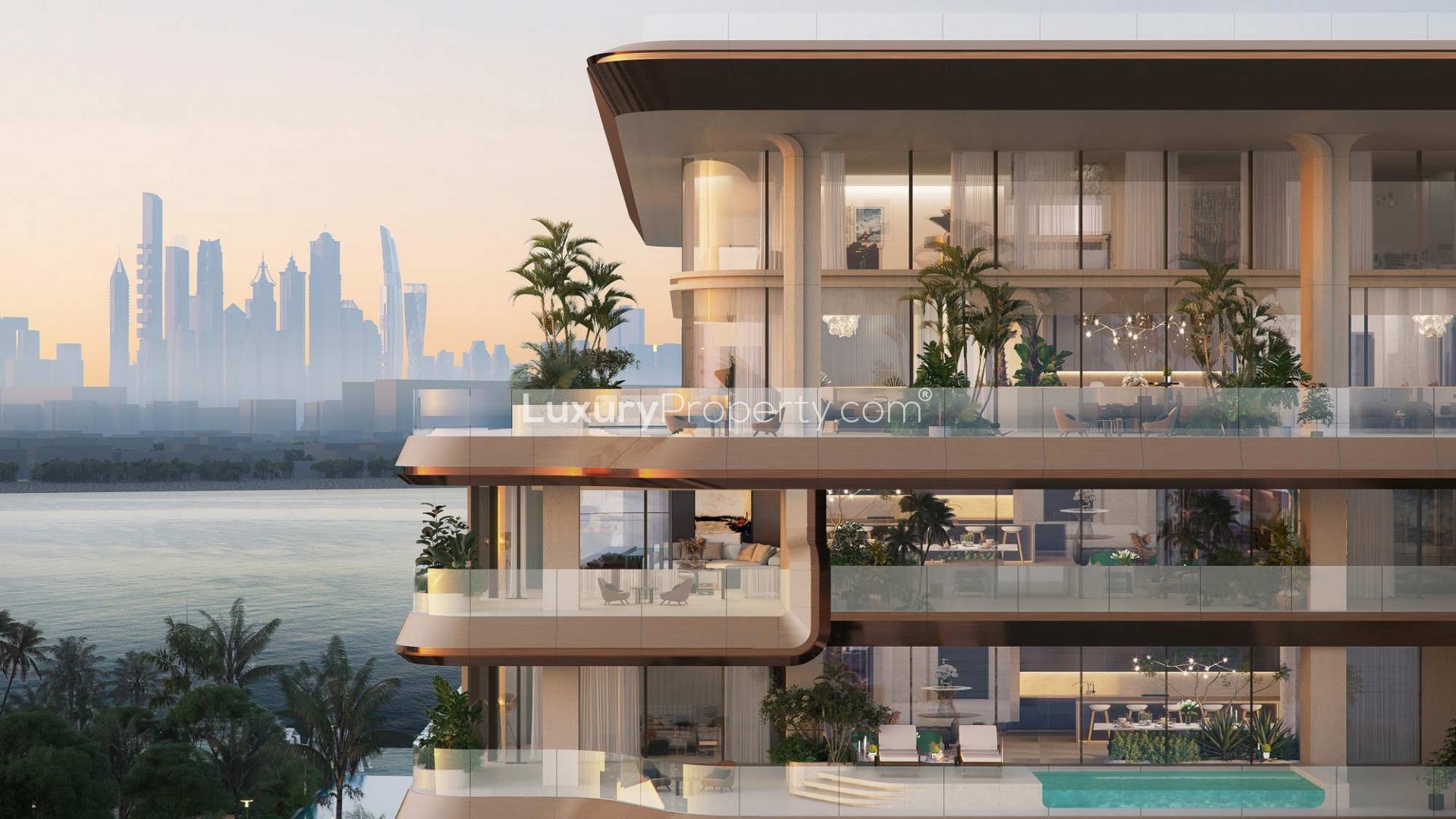 "ELA Residences luxury apartment balconies with ocean view, Palm Jumeirah, for sale.","ELA Residences luxury apartment exterior with balcony views, Palm Jumeirah skyline backdrop.",Exterior view of ELA Residences, Palm Jumeirah apartment for sale, lush landscaping