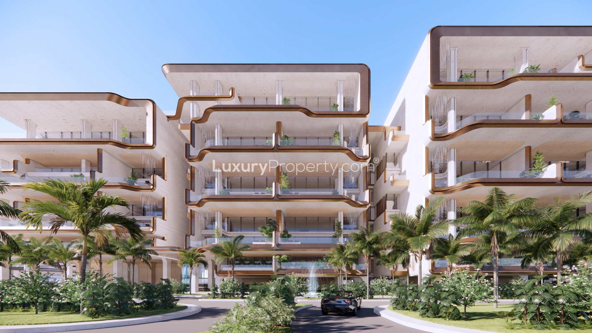 Luxurious Palm Jumeirah apartment terrace with pool, overlooking stunning skyline and waterfront views