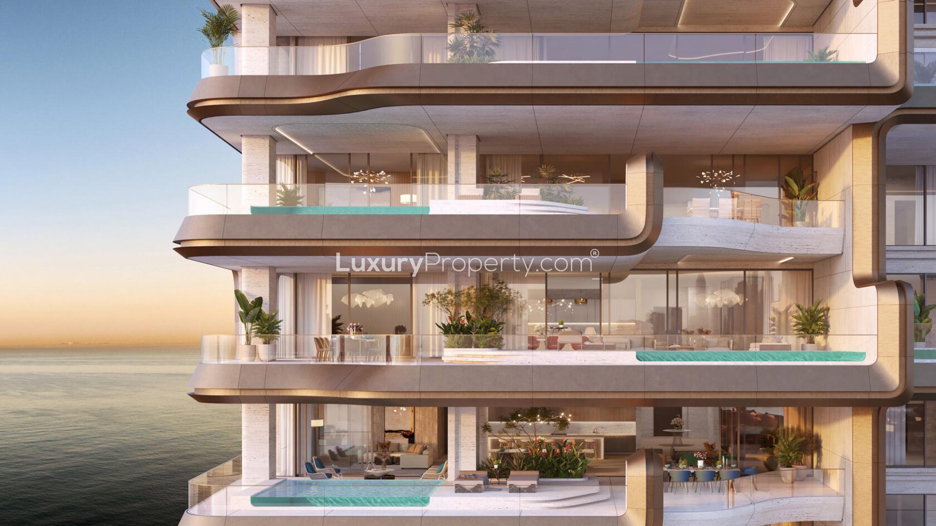 Modern facade of ELA Residences, luxury apartment in Palm Jumeirah, lush landscaping