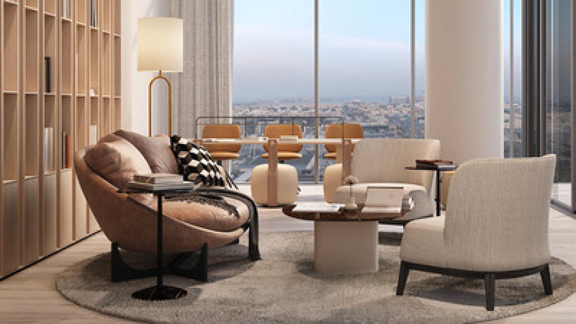 Luxurious City Walk apartment living room with skyline view, modern decor, and high ceilings