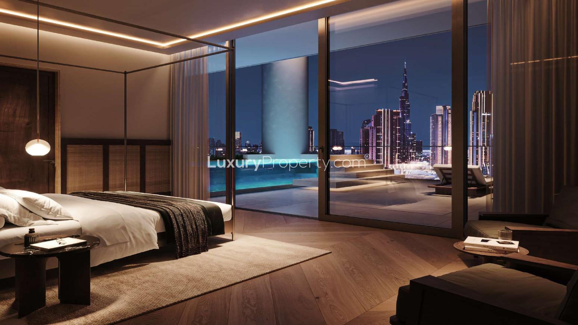 Luxurious bedroom with city skyline view at Celestial Penthouse, Vela Viento, Business Bay