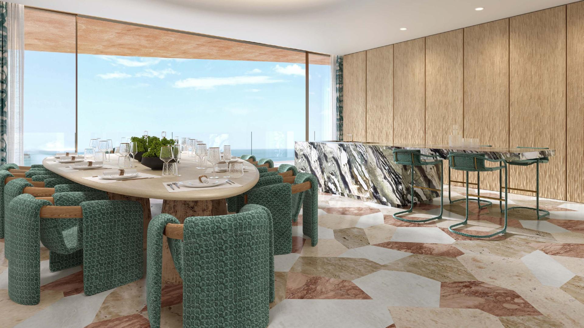 Luxury living room in Jumeirah Asora Bay apartment with ocean view and modern decor