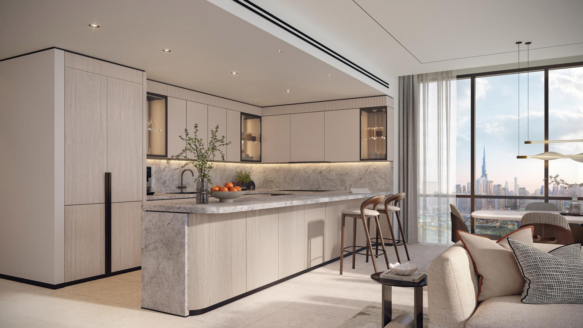 Elegant dining and living area in luxury Atélis apartment, Dubai Design District