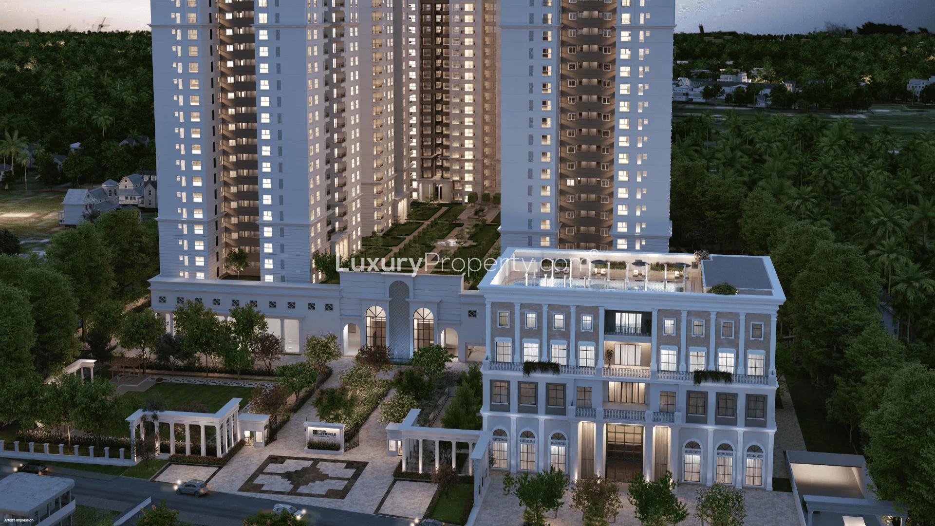 Outdoor garden view at Sobha Metropolis apartment, Kuttanellur, Thrissur. Luxury property for sale