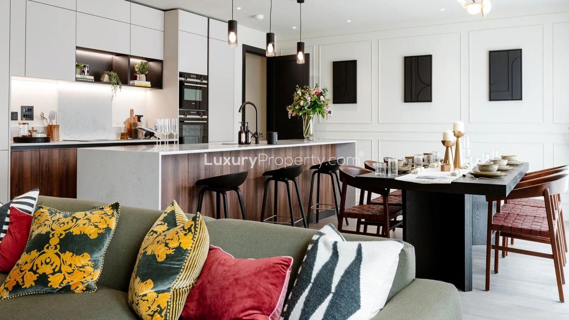 Modern open-plan living area in Trent Park apartment, London, with stylish decor and furnishings