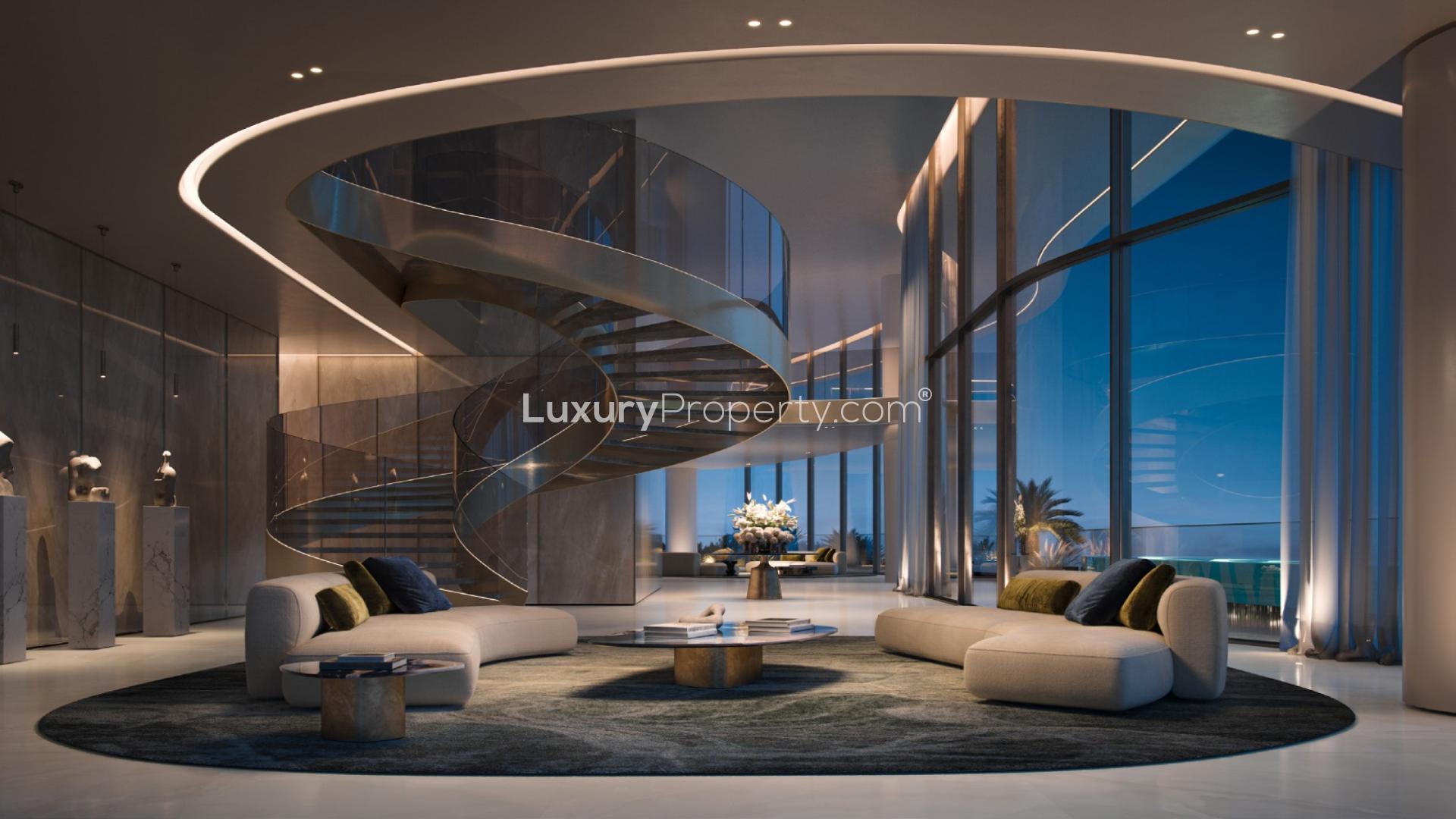 Luxurious living room in Como Residences, Palm Jumeirah apartment with stunning skyline views