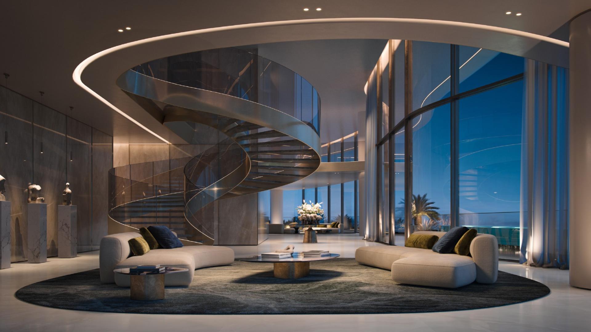 Luxurious living room in Como Residences, Palm Jumeirah apartment with stunning skyline views