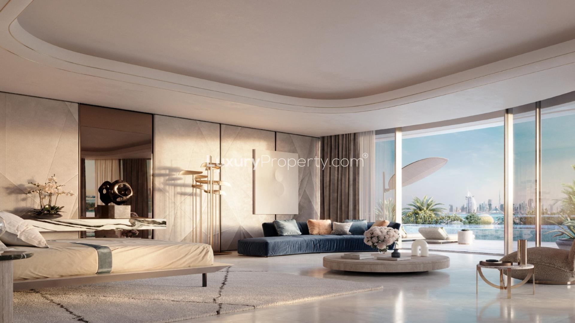 Luxurious living room with sea view at Como Residences, Palm Jumeirah apartment for sale