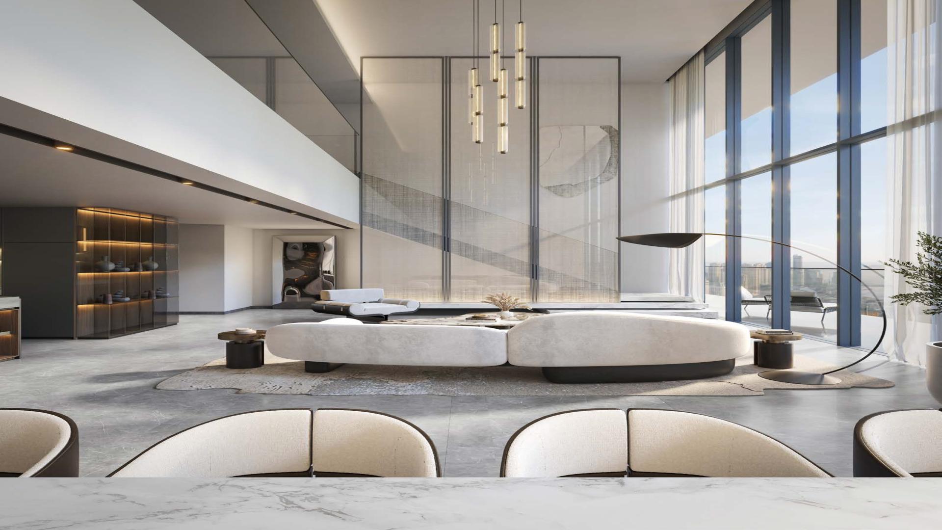 Luxury living room with skyline view in DIFC Akala Hotel and Residences apartment