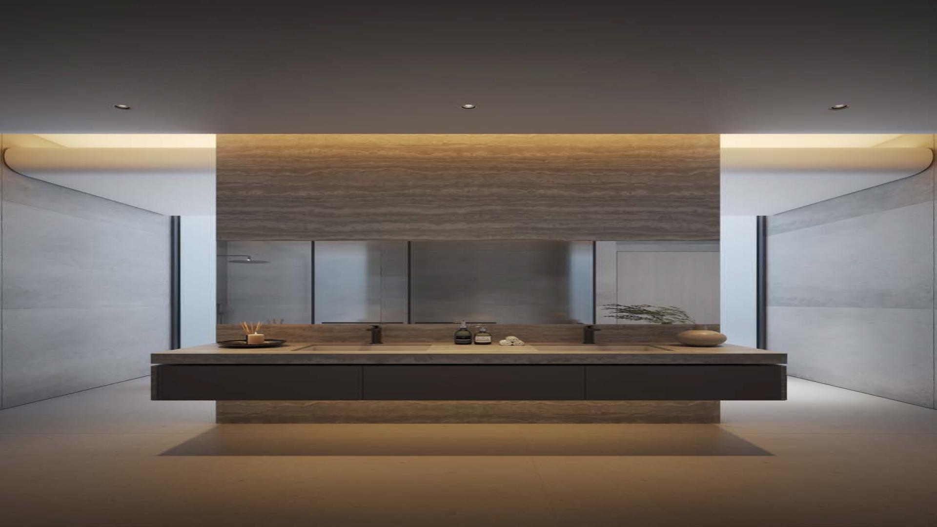 Modern living room in 4-bedroom apartment at Akala Hotel, DIFC, with panoramic windows