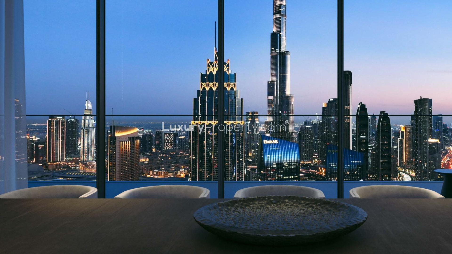 Luxurious living room with city skyline view at Akala Hotel & Residences, Zabeel