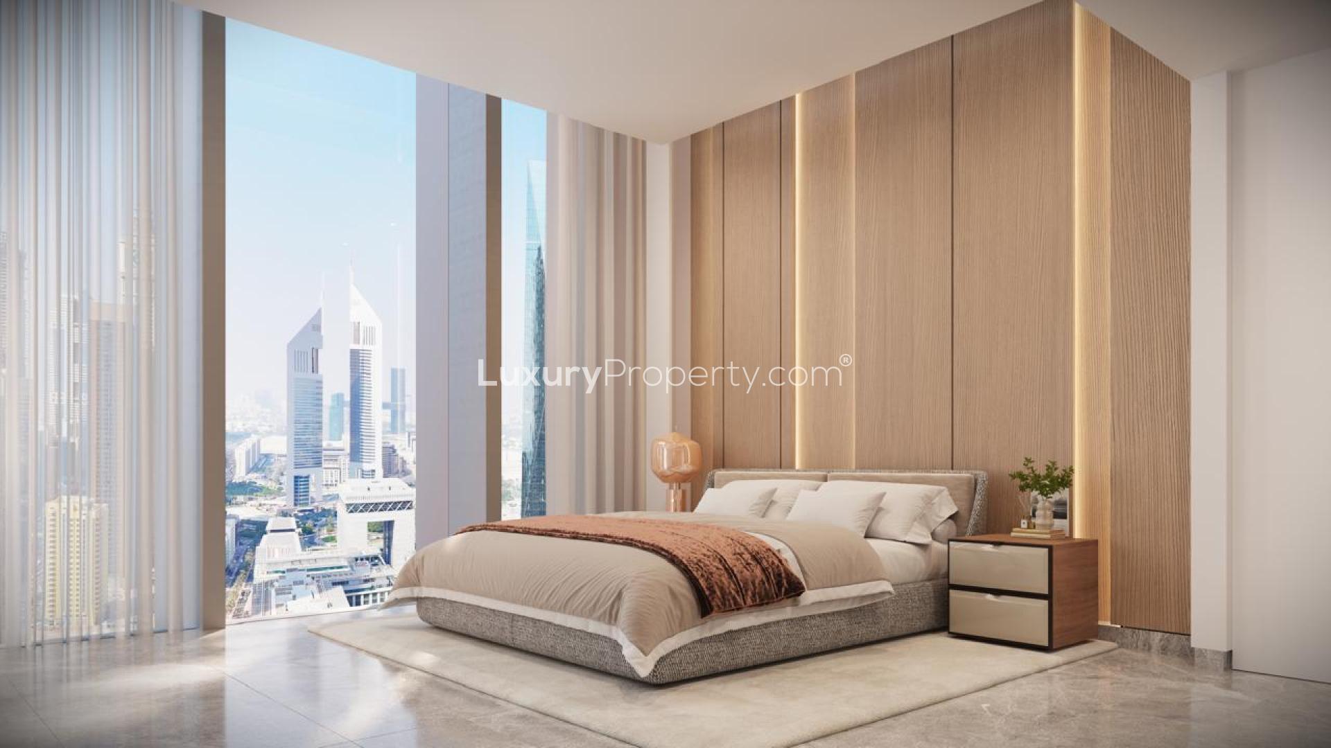 Apartment building exterior in DIFC Heights, Dubai, with surrounding skyscrapers and city view