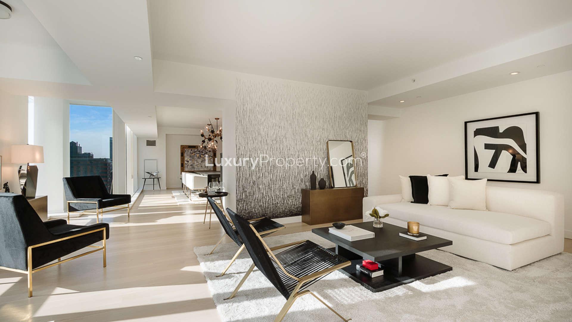 Luxurious living room in Manhattan apartment, 135 West 52nd Street, natural light, modern decor