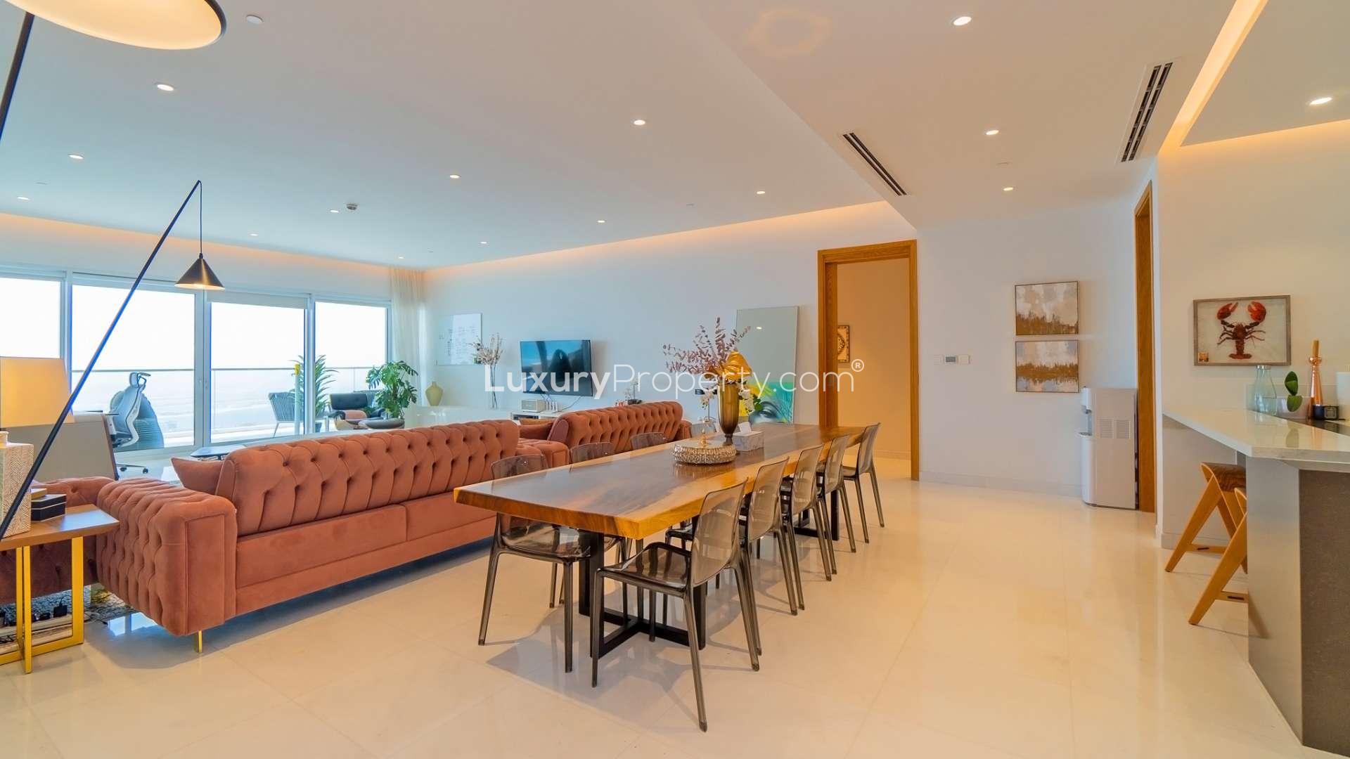 Luxurious living room in 4-bed apartment, Jumeirah Beach Residence, sea views, modern decor