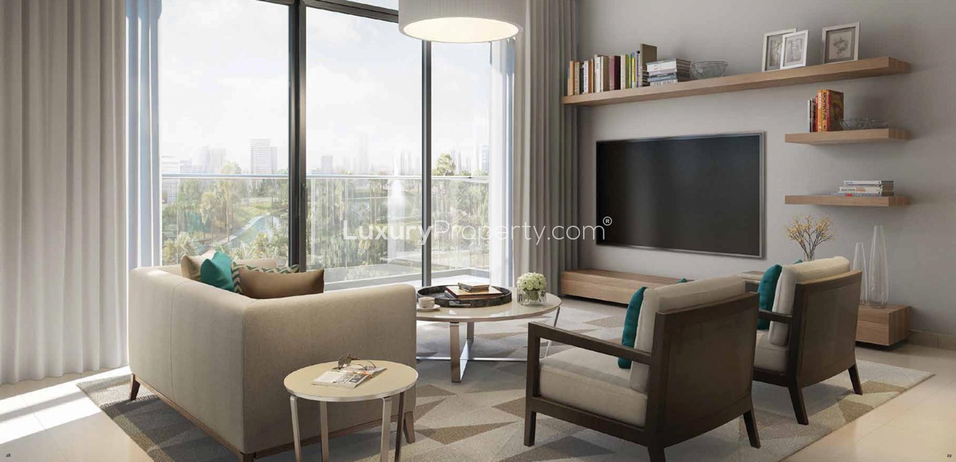 Contemporary bedroom in Park Heights apartment, Dubai Hills Estate, featuring large windows and modern decor